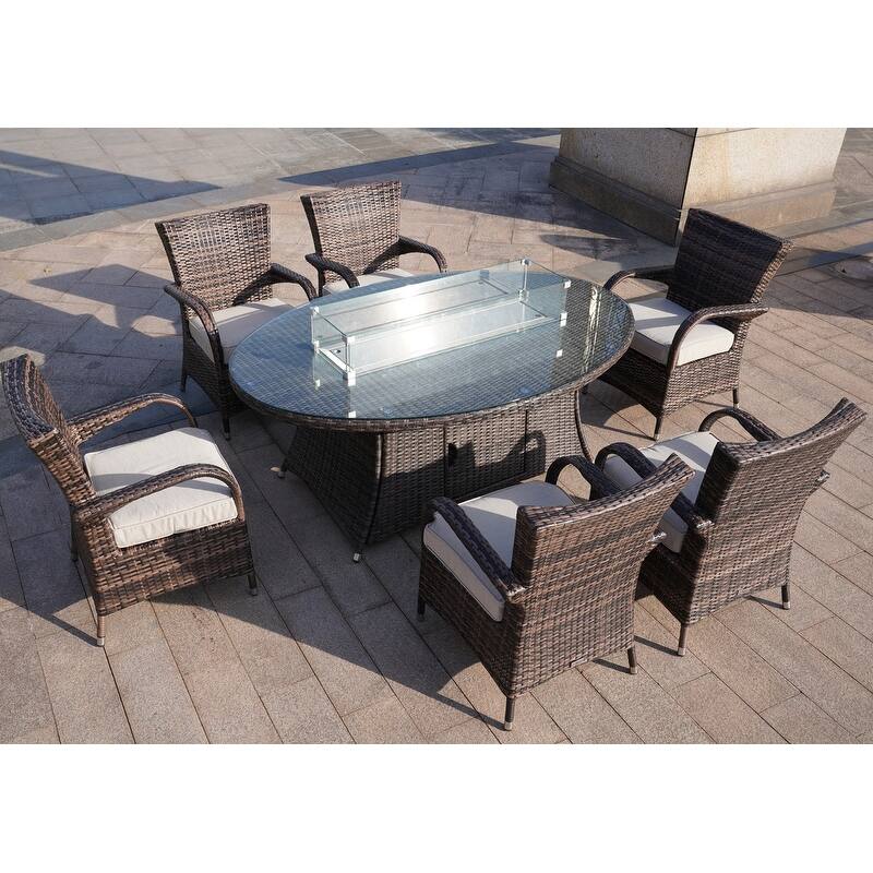 7-Piece Outdoor Wicker Dining Set with 6 Arm Chairs - N/A