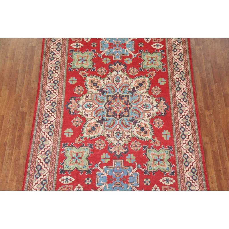 Hand Knotted Oriental 100% Wool Carpet Traditional Geometric Red Kazak Area Rug - 9' 10'' X 6' 5''