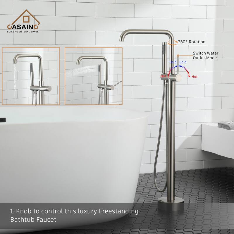 CASAINC Single-Handle Freestanding Floor-Mounted Roman Bathtub Faucet with Hand Shower