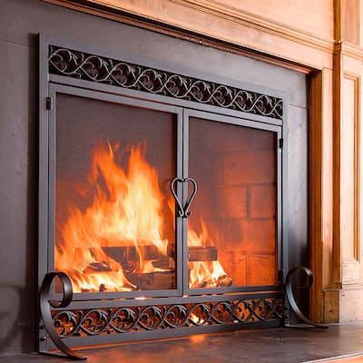 38" x 31" Cast Iron Scrollwork Fire Screen With Doors - Black