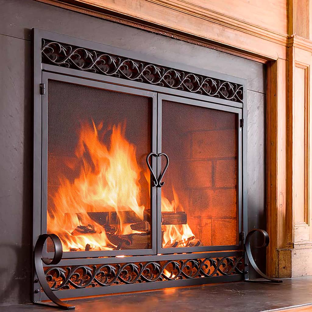 38" x 31" Cast Iron Scrollwork Fire Screen With Doors - Black