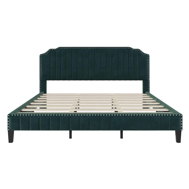 Green Velvet King Size Camelback Upholstered Platform Bed With