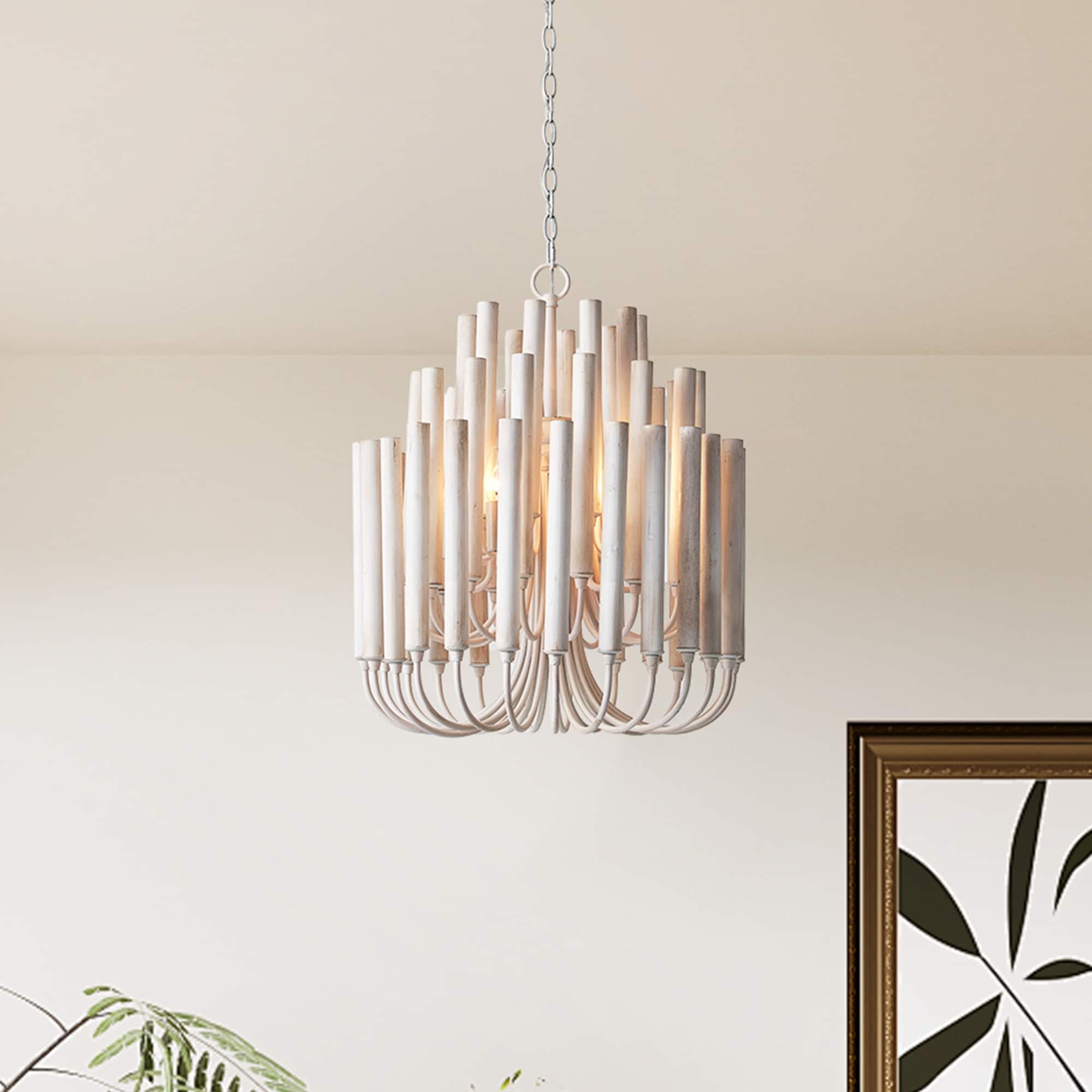 20" 5-Light Coastal 3-Tier Off-White Cluster Wood Chandelier for Dining Room - 19.7" D x 19.7" W x 23.7" H