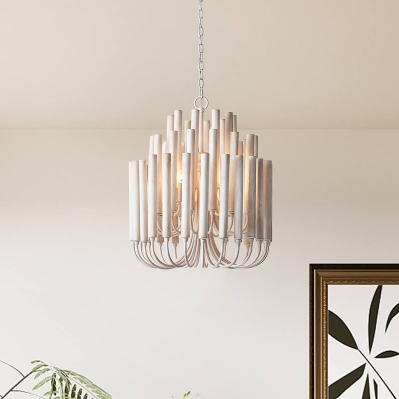 20" 5-Light Coastal 3-Tier Off-White Wood Chandelier - 19.7" D x 19.7" W x 23.7" H