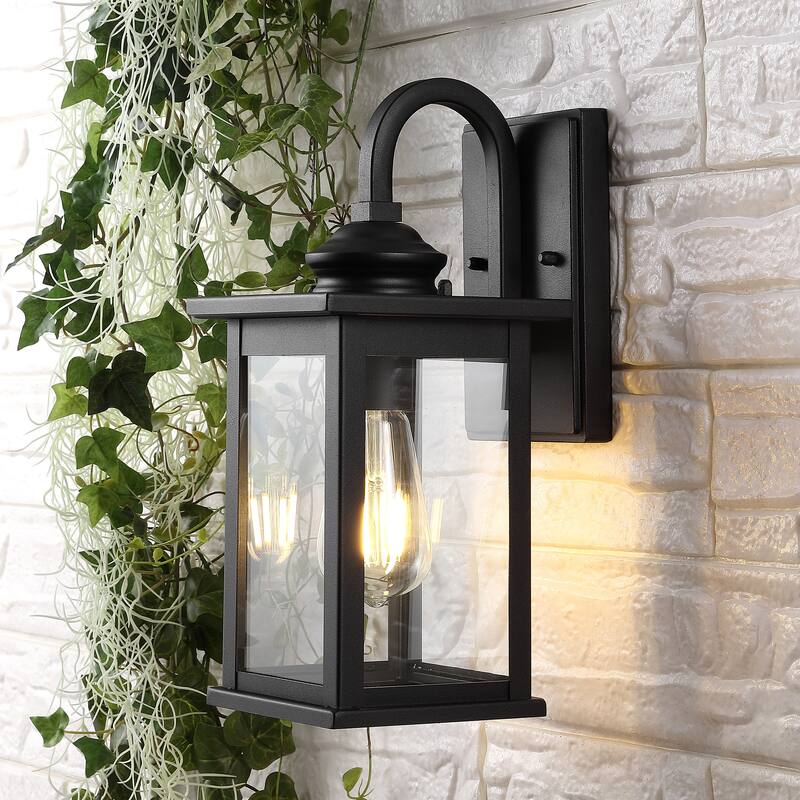 Vaughn 5.9" 1-Light Iron/Glass Traditional Modern Lantern LED Outdoor Lantern, Black (Set of 2) by JONATHAN Y