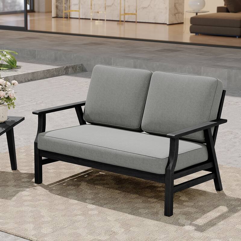 Casual Wood Cushioned 5-Piece Outdoor Patio Conversation Set - 2-Seat Loveseat - Grey