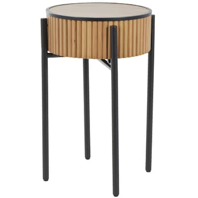 Wood Drum Handmade Slatted Accent Table with Black Metal Legs - Brown - Roche River Decor