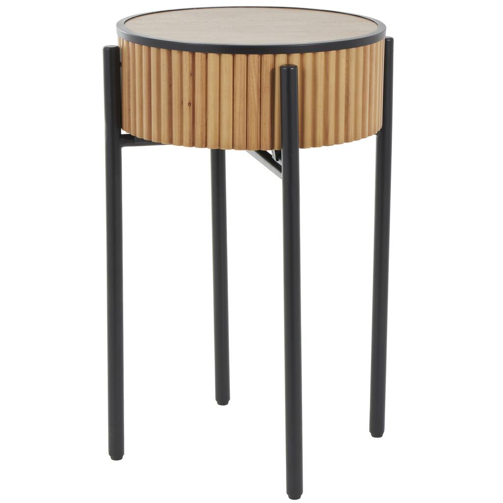 Wood Drum Handmade Slatted Accent Table with Black Metal Legs - Brown - Roche River Decor