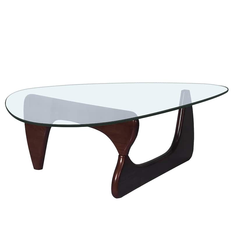 Triangle Glass Coffee Table with Solid Wood Base for Living Room