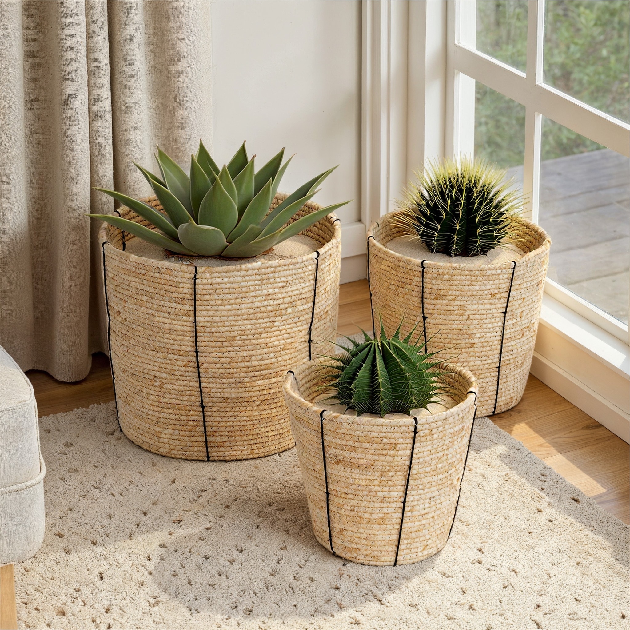 Household Essentials Corn Rope Baskets with Thin Stripes, Set of 3
