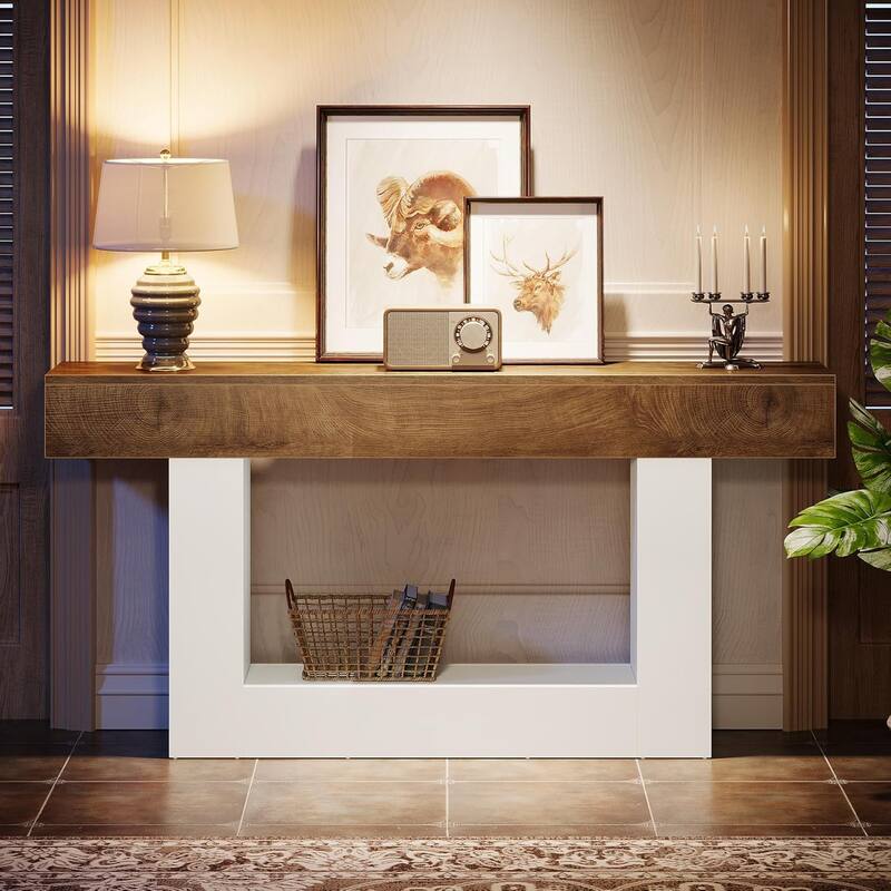 63" Console Table for Entryway, Farmhouse 2-Tier Wood Sofa Table Behind Couch
