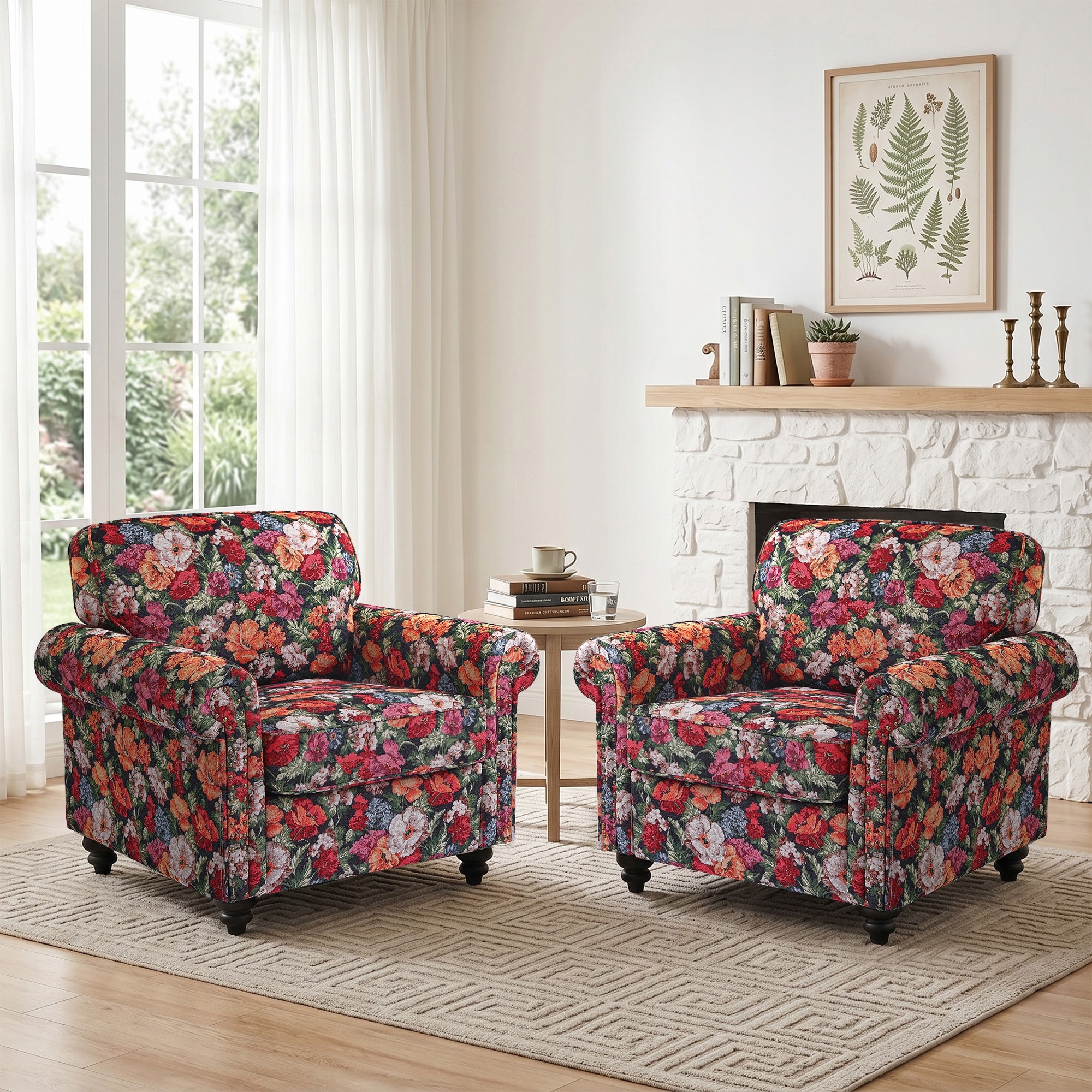 2 Set Modern Classical Upholstered Pattern Accent Chair with Rolled Arm