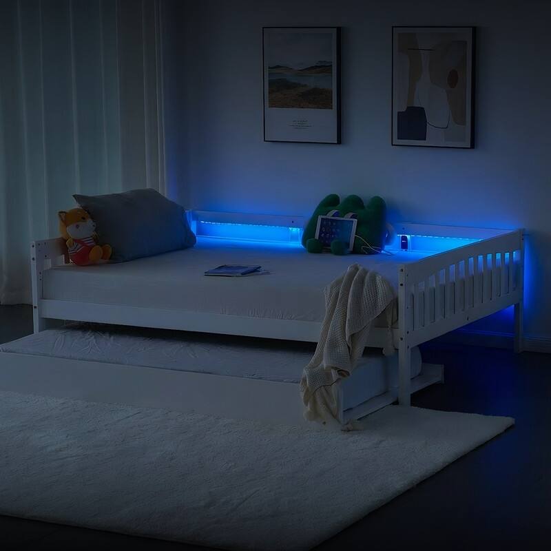 White Full Size Wood Bed with Trundle, Light Strip, Charging Station and Guardrail