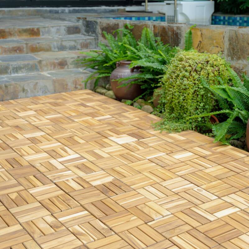 10 PCS Interlocking Deck Tiles Checker Pattern, 12" x 12" Square Acacia Hardwood Outdoor Flooring for Patio,Bancony,Pool Side