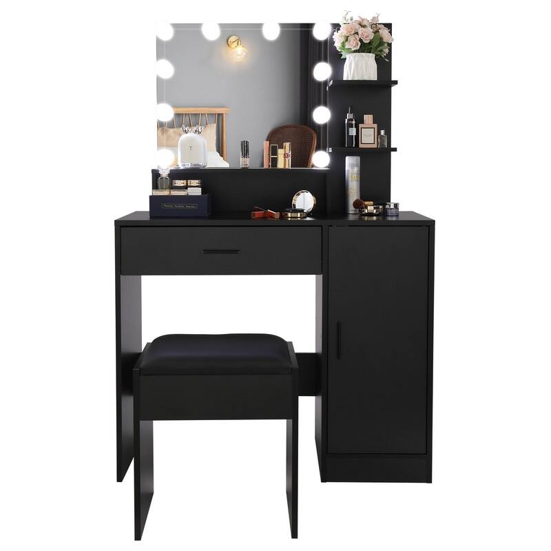 1-Drawer Large Makeup Vanity Set with 10 LED Bulbs - Black