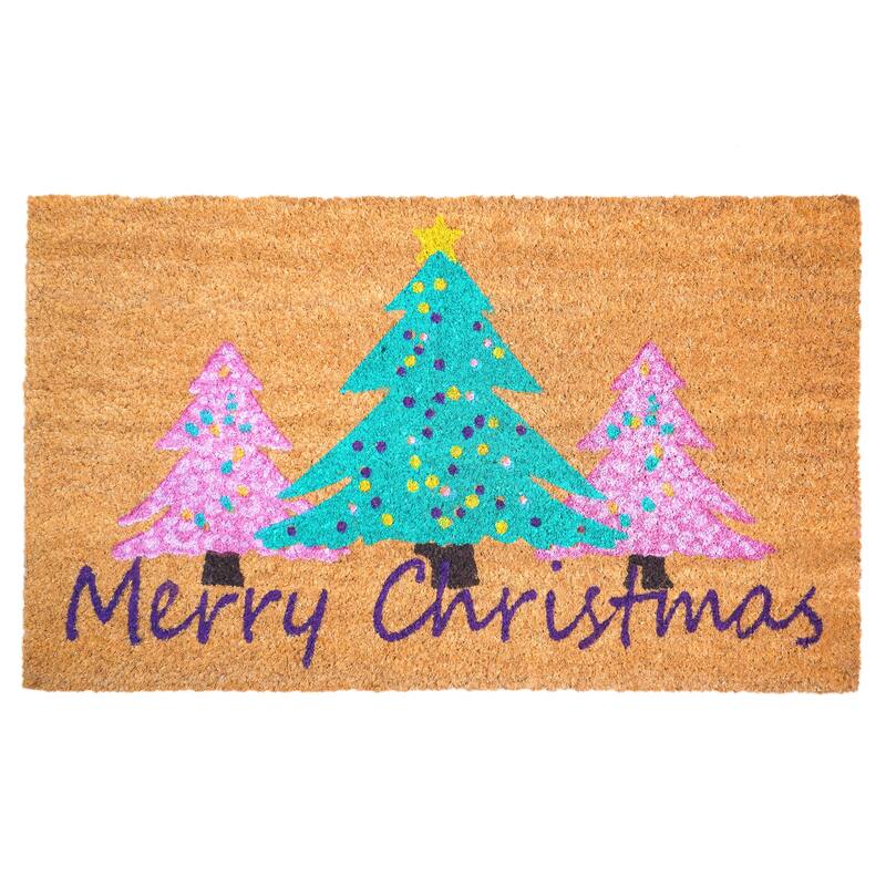 HomeRoots 17" X 29" Brown Green And Pink Christmas Trees Merry Christmas Outdoor Coir Door Mat - 17.00' X '29.00