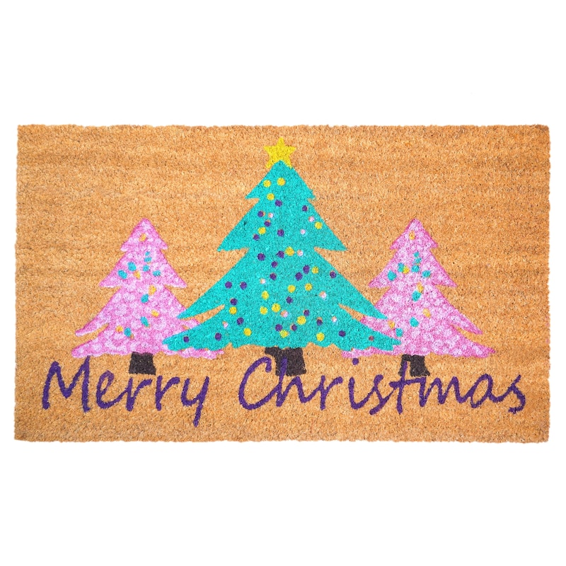 HomeRoots 24" X 36" Brown Green And Pink Christmas Trees Merry Christmas Outdoor Coir Door Mat - 24.00' X '36.00