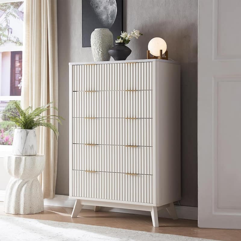 Modern Fluted 5 Drawers Dresser, Chest of Drawers, Dresser TV Stand - Solid White