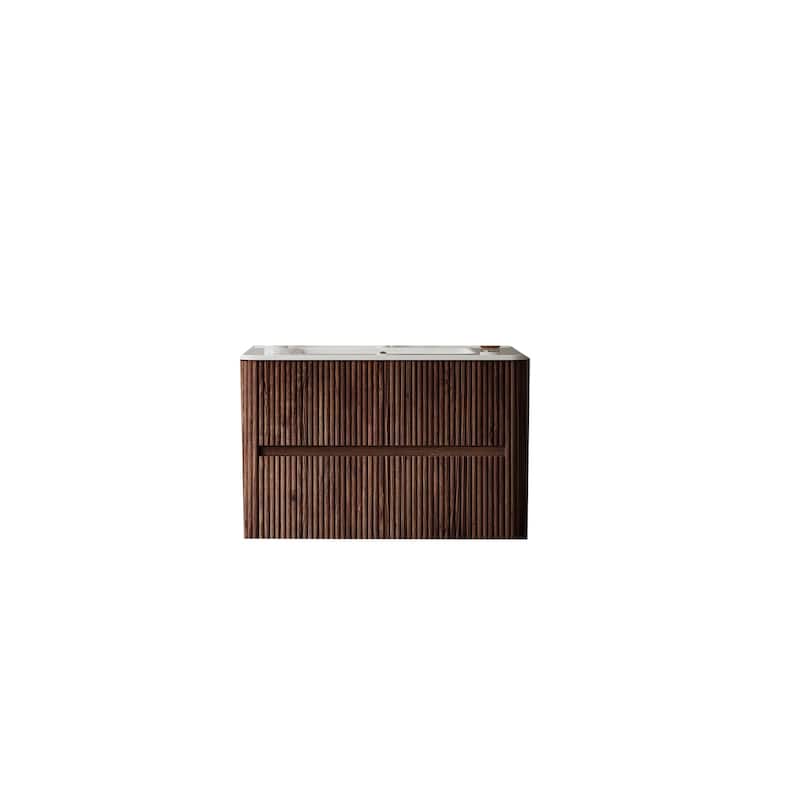 Single Sink Wall-Mounted Bath Vanity in Deep Walnut with White Ceramic Top