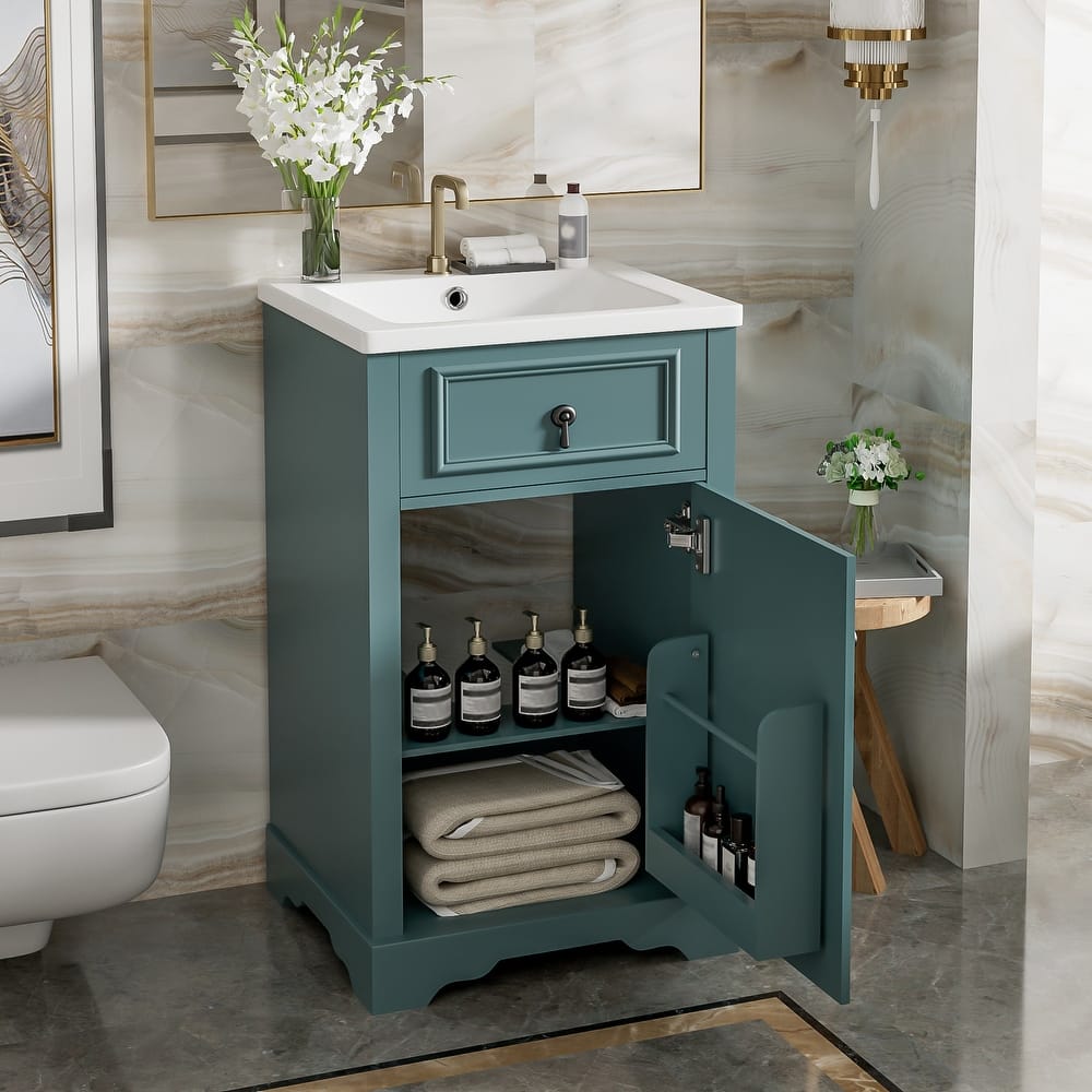 20-Inch Bathroom Vanity with Ceramic Sink, Soft Close Door, Adjustable Shelf, and Door-Mounted Storage Rack