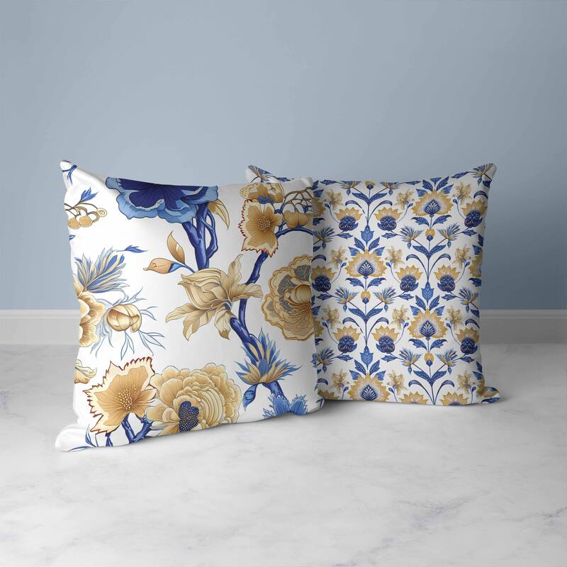 Vintage Bloom Faux Suede Reversible Throw Pillow Blue and Gold