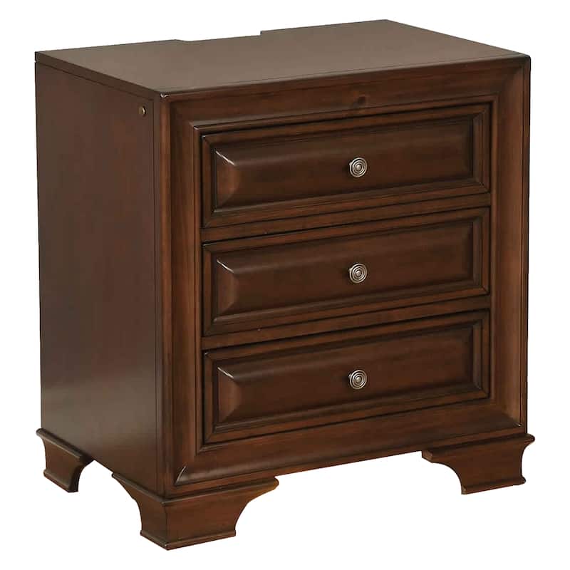 Lio Four Piece King Size Bedroom Set, Cherry Brown Wood Inlay Design, Silver Metal Handles