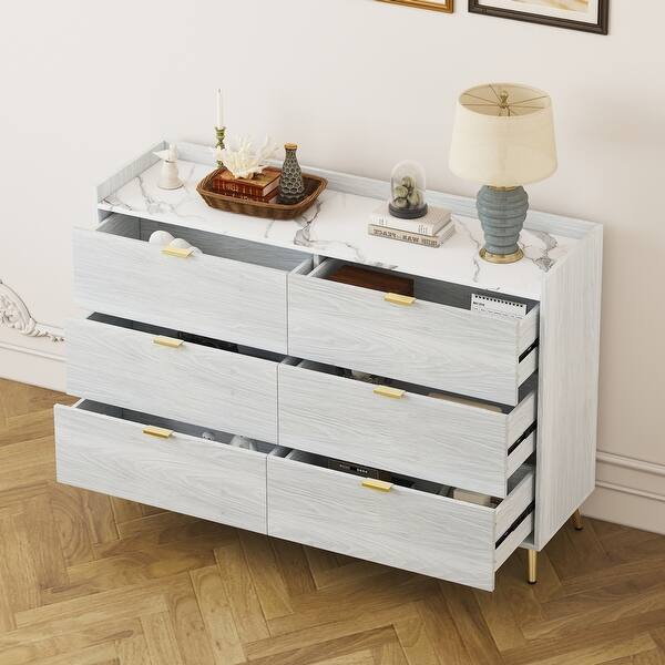 55" Long 6 Drawer Dresser with Marbling Worktop, Mordern Storage Cabinet  with Metal Leg and Handle for Bedroom - Bed Bath & Beyond - 39909926