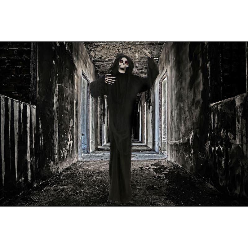 Haunted Hill Farm 5.63-Ft. Animated Standing Reaper, Indoor/Covered Outdoor Halloween Decoration, LED Eyes, Poseable, Terror
