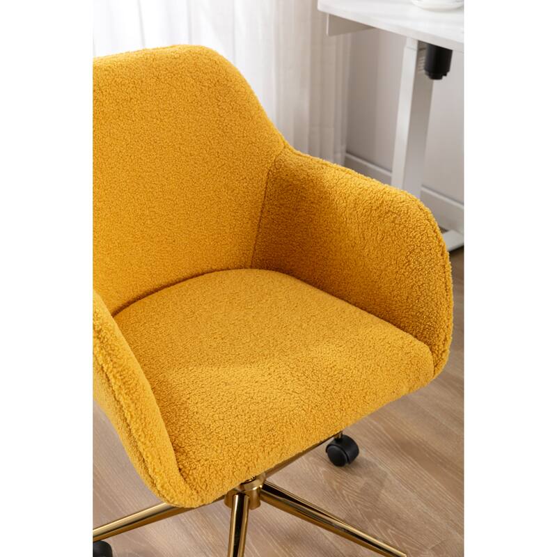 Modern Teddy Fabric Material Adjustable Height 360 Revolving Home Office Chair with Gold Metal Legs, for Indoor, Yellow