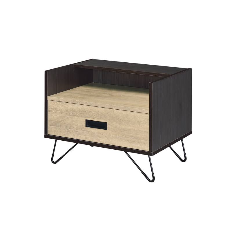 Oak and Black Nightstand with Drawer and Open Shelf