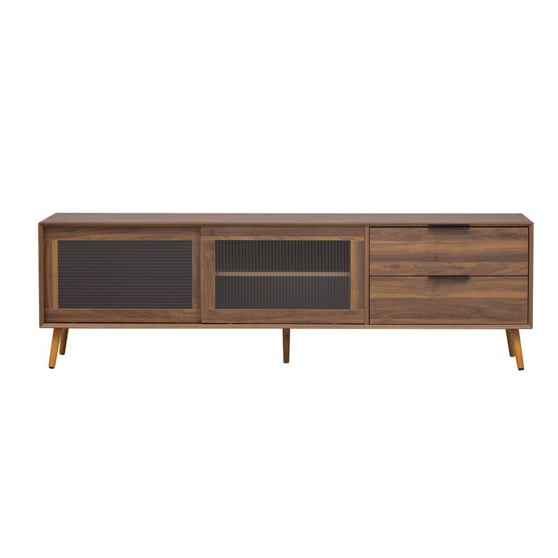 Solid Wood 2 Drawers TV Stand Media Console Table with Sliding Doors