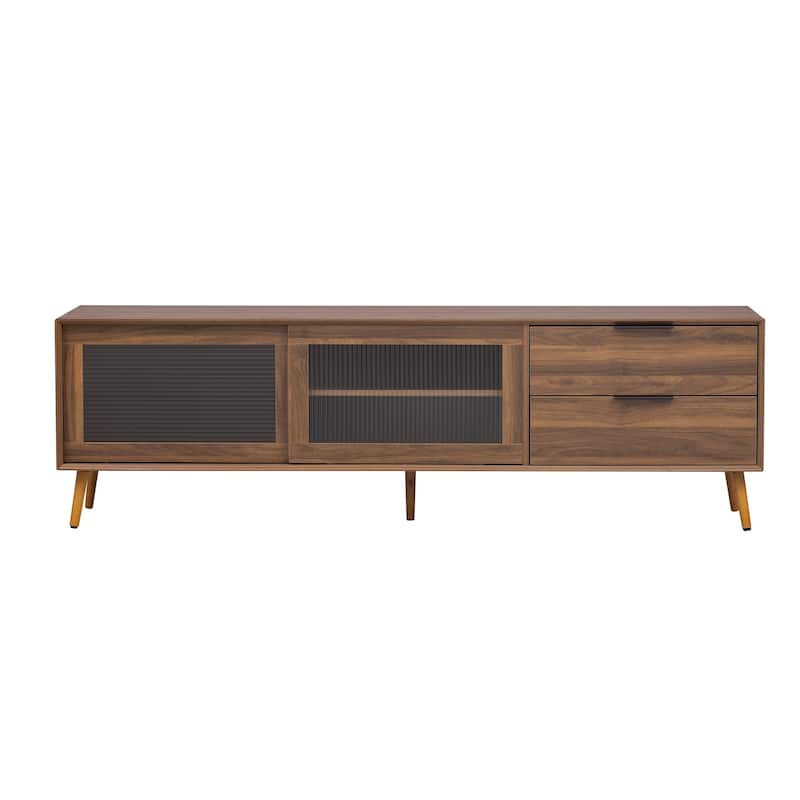 TV Stand with 2 Glass Doors, Entertainment Center with 2 Drawers and Open Shelves, Media Console Table with Solid Wood Legs