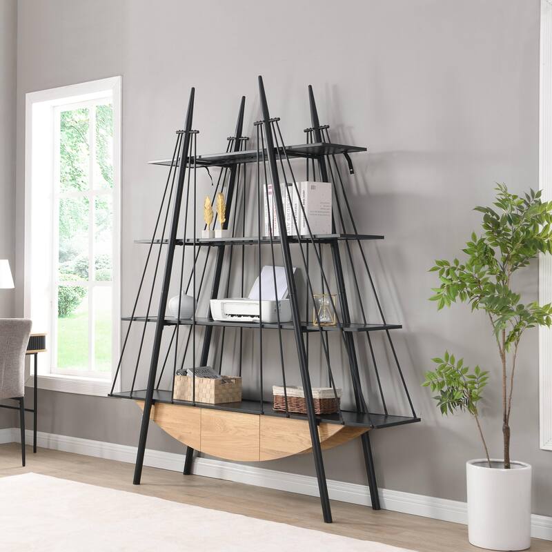 Sailboat-Inspired Bookshelf, 70.87 inch Industrial 4-Tier Open Storage Shelf with Drawer, Wooden & Metal Freestanding Bookcase