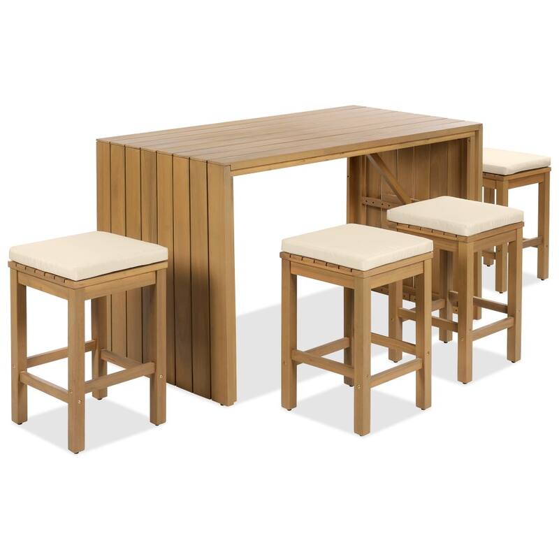 Modern Patio 5-piece Acacia Wood Bar Set with Cushions for Backyard