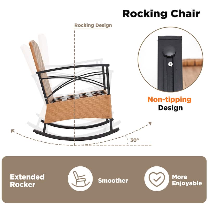 3-Piece Outdoor Rocking/Swivel Chair Set - PE Rattan Patio Furniture with Cushions & Coffee Table, Rocker Chairs for Backyard