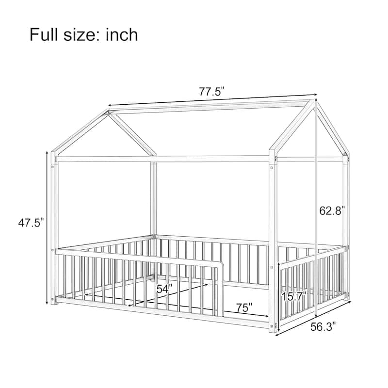 Montessori Metal House Bed with Low Entry & 3-Side Fence by Harper&Bright Designs