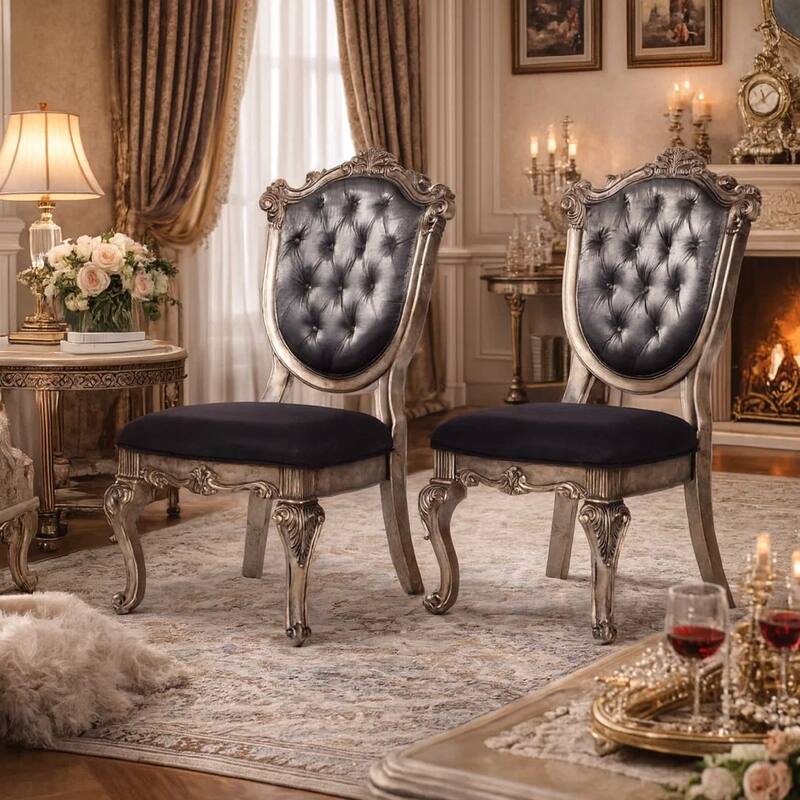 Wooden Side Chair with Cabriole Legs and Fabric Upholstered Seat, Gray and Silver, Set of Two