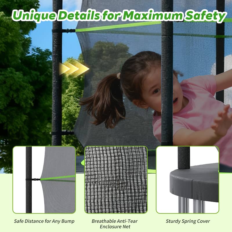 Toddler Trampoline - Safety Enclosure, Basketball Hoop & Ball, Indoor Outdoor Use - Black+Green - 168