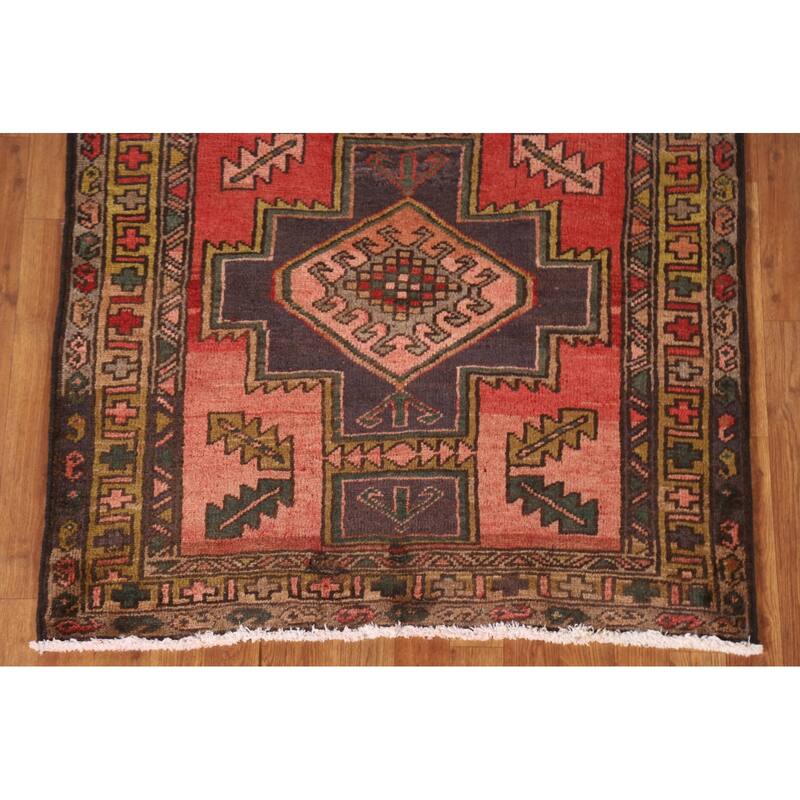 Hamedan Persian Vintage Runner Rug Handmade Wool Carpet - 3'8"x 9'5"