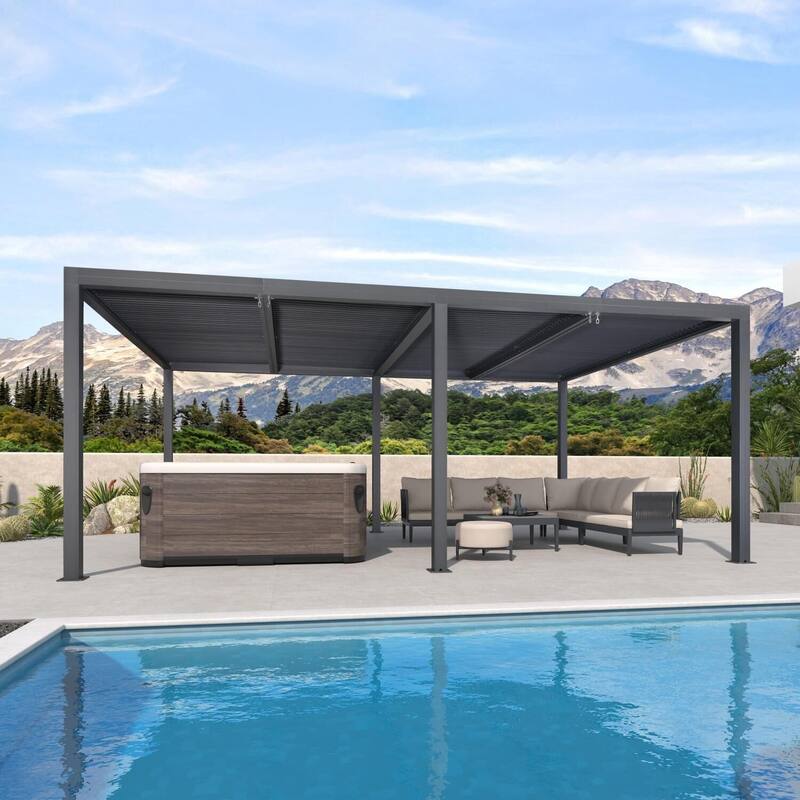 PURPLE LEAF Gray Louvered Pergola Outdoor Aluminum Pergola with Adjustable Roof for Patio Grey Hardtop Gazebo - 12' x 20' - Grey
