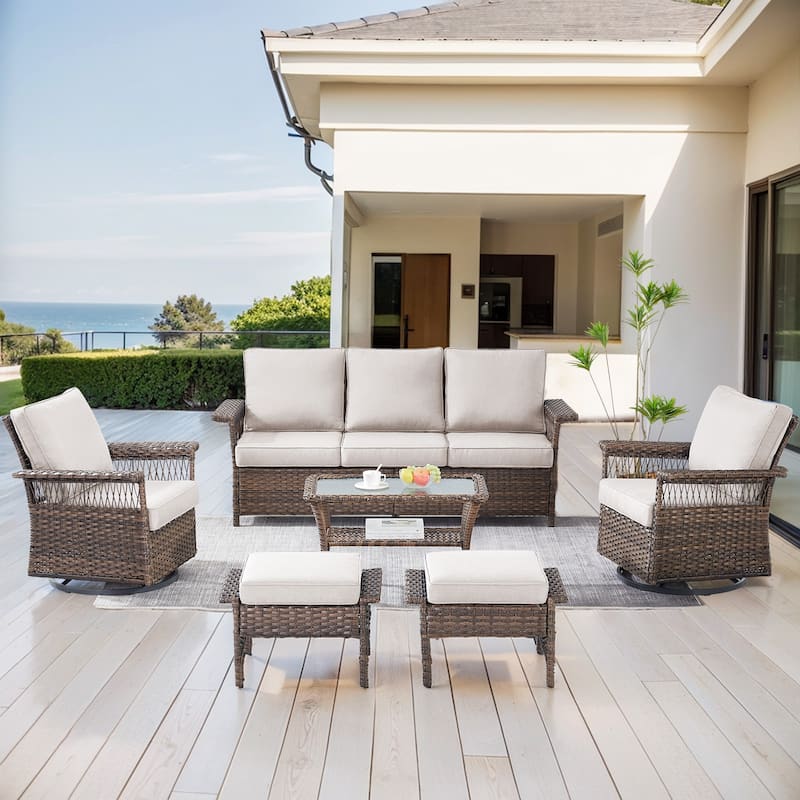 Outdoor Glider Chair with Soft Cushion - Brwon Wicker Beige Cushion - 6PCS Sofa Chairs Ottoman with Table