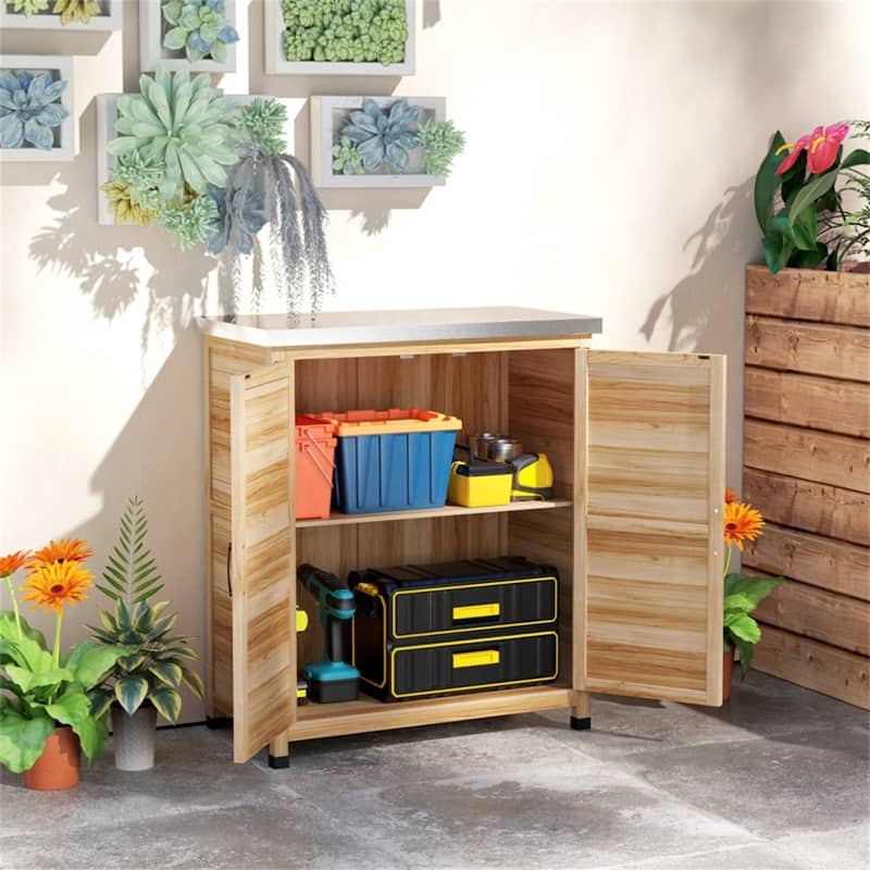 Fir Wood Garden Storage Bench with Galvanized Worktable - 31.1" W x 16.9" D x 36.2" H