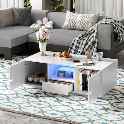 Modern High Glossy Rectangle Coffee Table with Storage Space and16 Color LED Lights