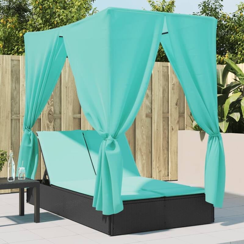 vidaXL Double Sun Lounger with Roof and Curtains Brown/Gray/Black Poly Rattan - 78.7" x 44.9" x 77.2" - Black (2)