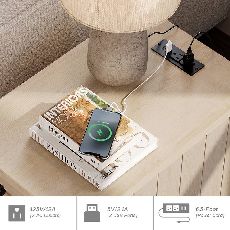 End Table with Charging Station, Side Table with Storage, 2 Power outlets & 2 USB Ports for Living Room
