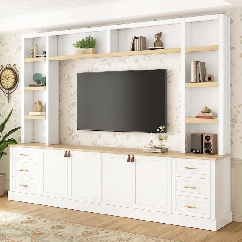 102.3" Farmhouse 4-Piece Entertainment Center Wall Unit with Adjustable Shelves,6 Drawers