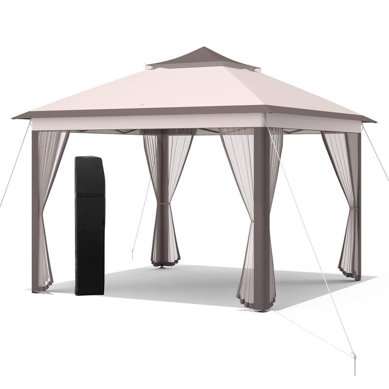 Costway 11'x11' 2-Tier Pop-Up Gazebo Tent Portable Canopy Shelter - See Details - Beige