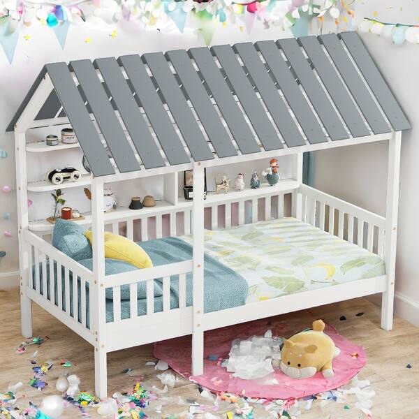 slide 2 of 15, Twin Size Wood House Bed with 2-Tier Storage Shelves,House-shaped Design Kids Bed Frame Black