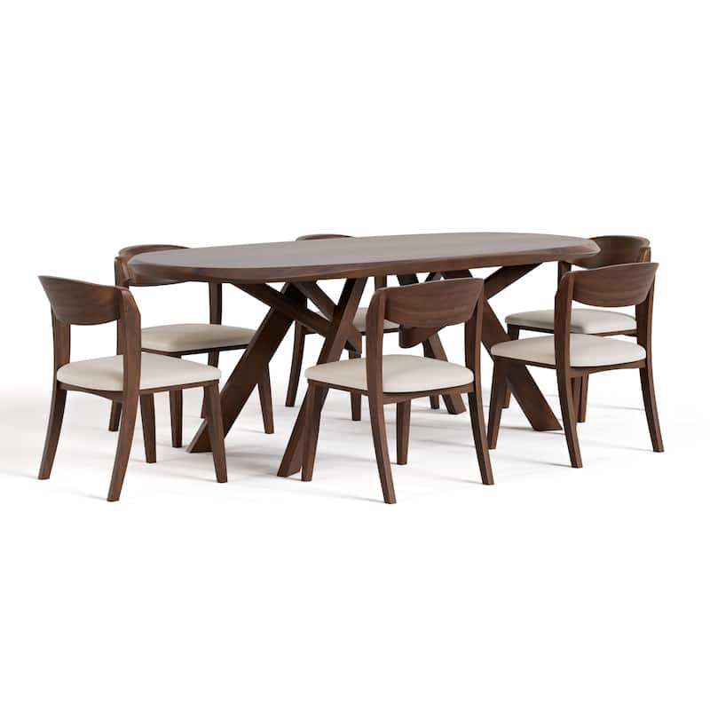 Furniture of America Abigail VI Mid-Century Modern 7-Piece Walnut Solid Wood Dining Set with Padded Chairs