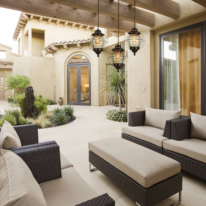 Modern Farmhouse Black 1-Light Outdoor Pendant Light Glass Patio Lantern Lamp - D10" X H12"